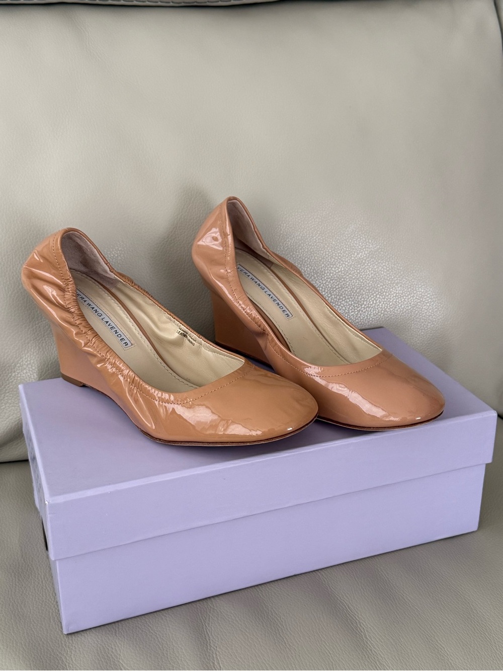 Vera Wang Patent Nude/Beige Wedge Pumps